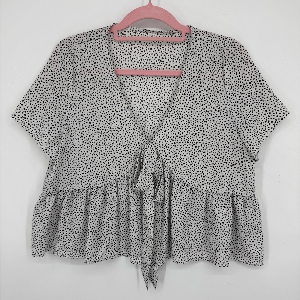 SHEIN Women's Black+White Speckled V-Neck Blouse Tie Detail Neutral Size Large